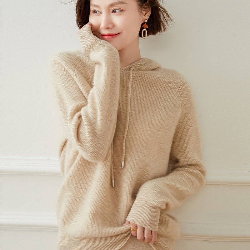Womens Cashmere Hoodie with Raglan Sleeves Long Sleeve Hoody Top Beige XS