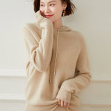 Womens Cashmere Hoodie with Raglan Sleeves Long Sleeve Hoody Top Beige XS