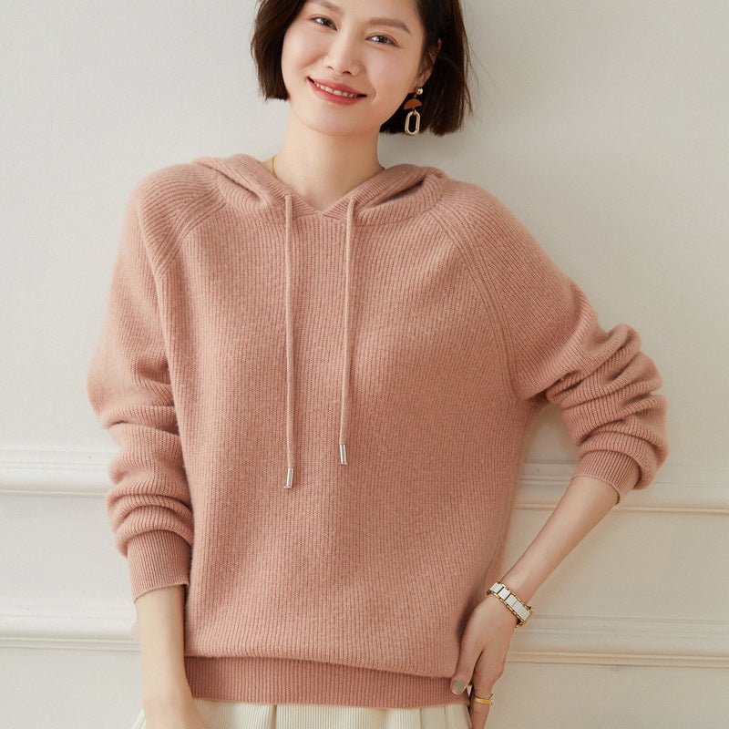 Womens Cashmere Hoodie with Raglan Sleeves Long Sleeve Hoody Top Pink XS