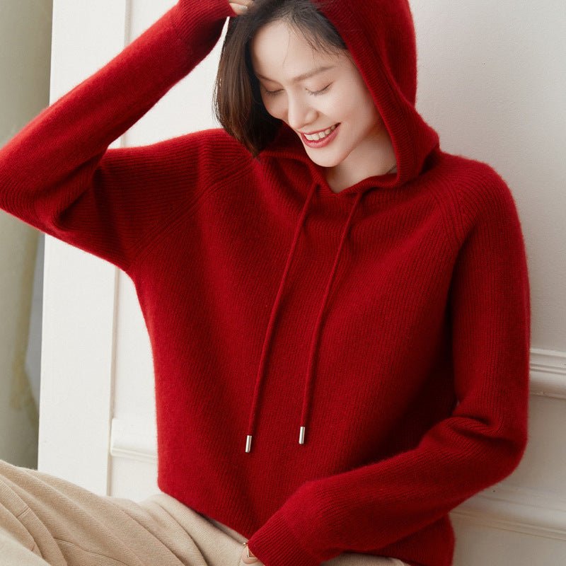 Womens Cashmere Hoodie with Raglan Sleeves Long Sleeve Hoody Top Claret XS