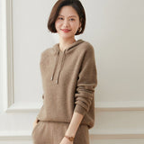Womens Cashmere Hoodie with Raglan Sleeves Long Sleeve Hoody Top Taupe XS