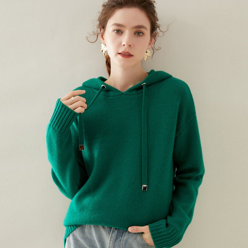 Womens Cashmere Knit Hoodie Ribbed Cuffs Adjustable Drawstrings Hoody Green XL