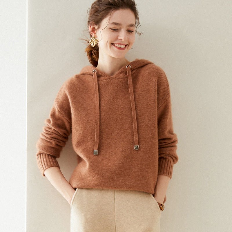 Womens Cashmere Knit Hoodie Ribbed Cuffs Adjustable Drawstrings Hoody Camel XL