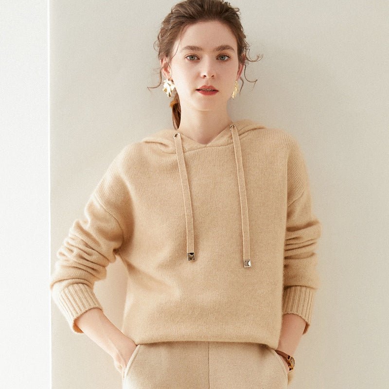 Womens Cashmere Knit Hoodie Ribbed Cuffs Adjustable Drawstrings Hoody Beige XL