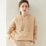 Womens Cashmere Knit Hoodie Ribbed Cuffs Adjustable Drawstrings Hoody Beige XL