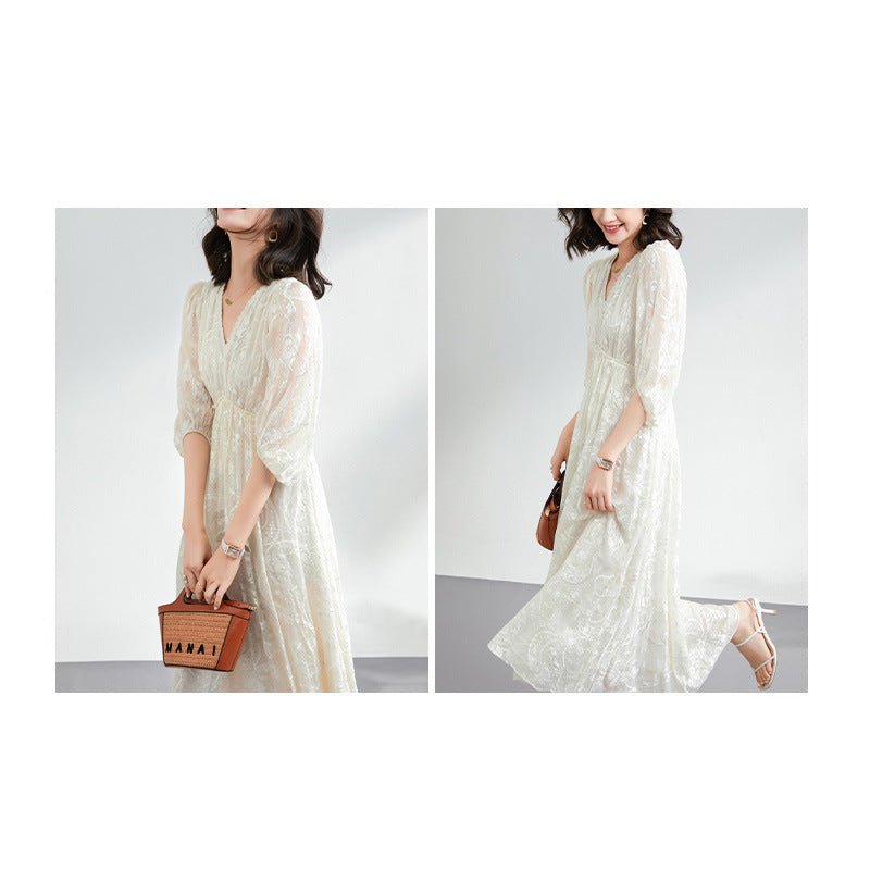 Womens Jacquard Lace Silk Maxi Dress Long Sleeve Silk Dress Ivory XS