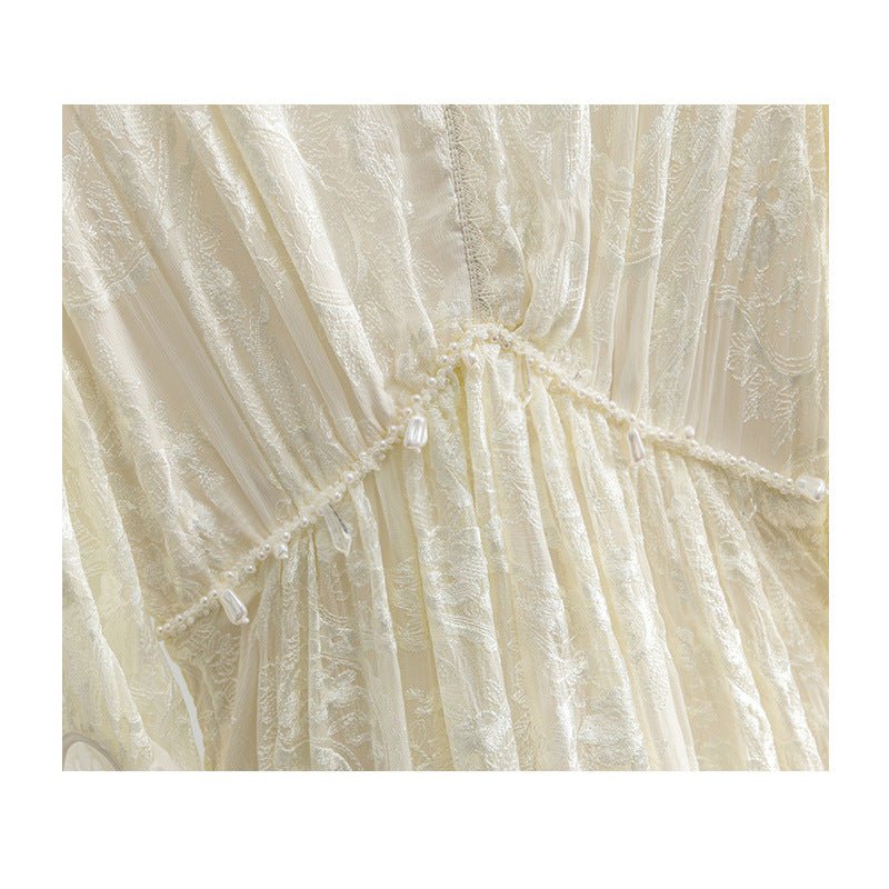 Womens Jacquard Lace Silk Maxi Dress Long Sleeve Silk Dress Ivory XS