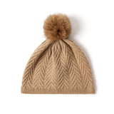 Womens Cashmere Herringbone Beanie Hat With Fur Pom Pure Hats Camel M