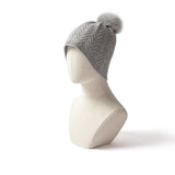 Womens Cashmere Herringbone Beanie Hat With Fur Pom Pure Hats Gray M
