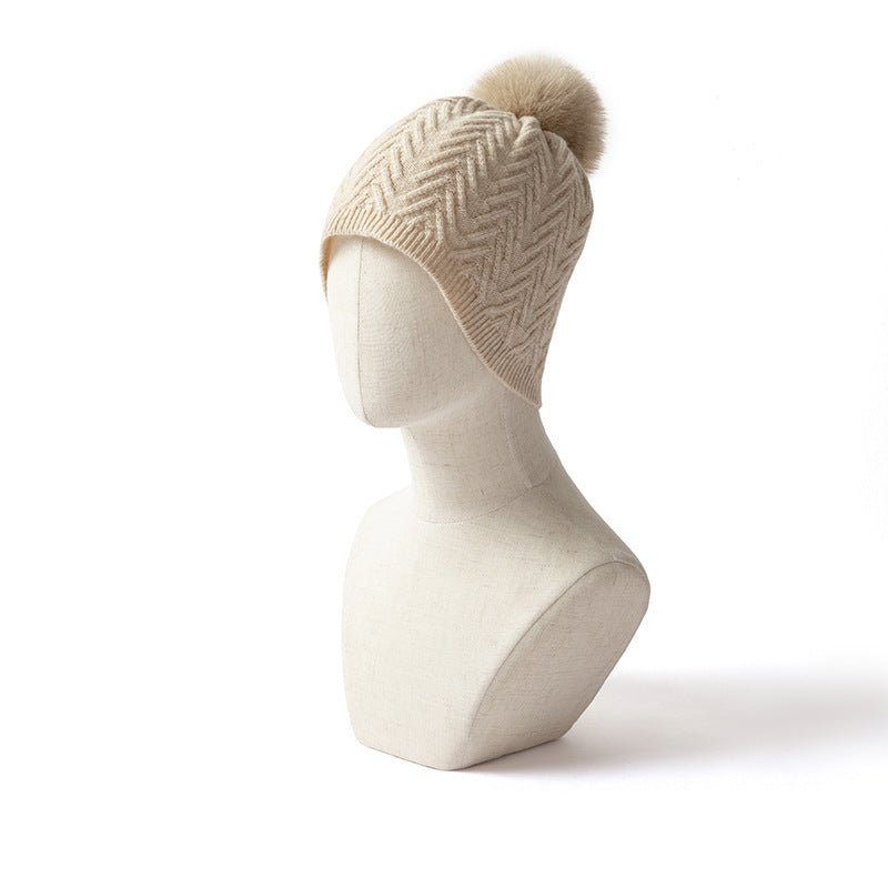 Womens Cashmere Herringbone Beanie Hat With Fur Pom Pure Hats Beige M