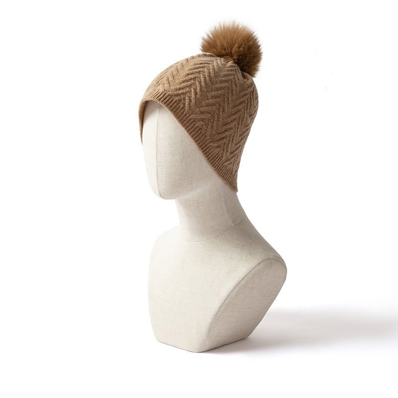 Womens Cashmere Herringbone Beanie Hat With Fur Pom Pure Hats Camel M