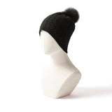 Womens Cashmere Herringbone Beanie Hat With Fur Pom Pure Hats Black M