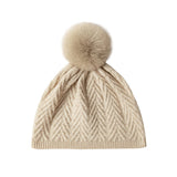 Womens Cashmere Herringbone Beanie Hat With Fur Pom Pure Hats Beige M