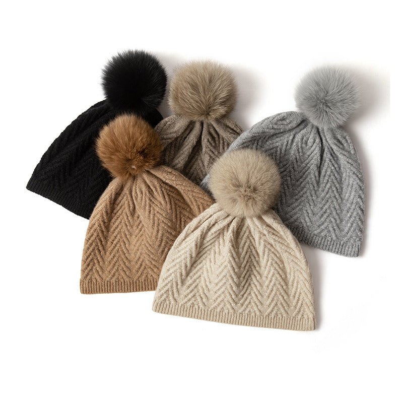 Womens Cashmere Herringbone Beanie Hat With Fur Pom Pure Hats Beige M