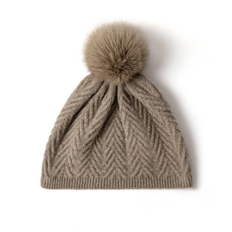 Womens Cashmere Herringbone Beanie Hat With Fur Pom Pure Hats Taupe M