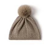 Womens Cashmere Herringbone Beanie Hat With Fur Pom Pure Hats Taupe M