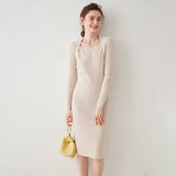 Womens Cashmere Ribbed Knit Midi Dress Long Sleeve Square Neck Dress Apricot XS