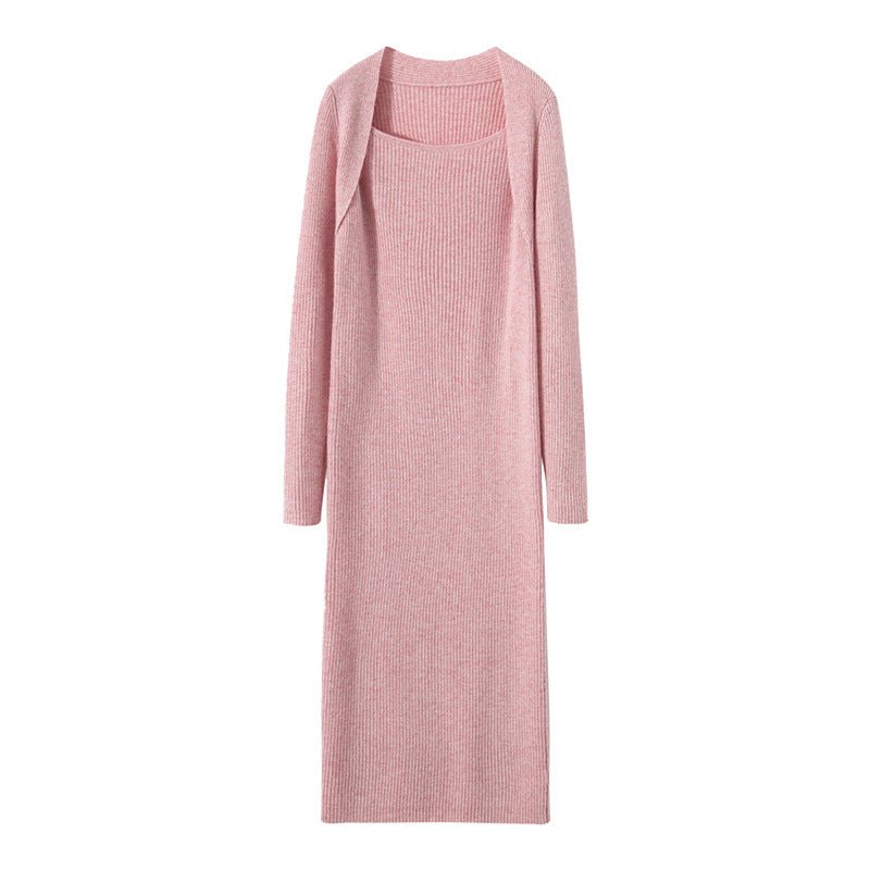 Womens Cashmere Ribbed Knit Midi Dress Long Sleeve Square Neck Dress Pink XS