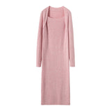Womens Cashmere Ribbed Knit Midi Dress Long Sleeve Square Neck Dress Pink XS