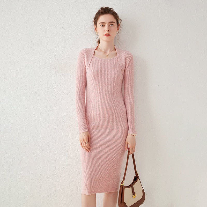Womens Cashmere Ribbed Knit Midi Dress Long Sleeve Square Neck Dress Pink XS