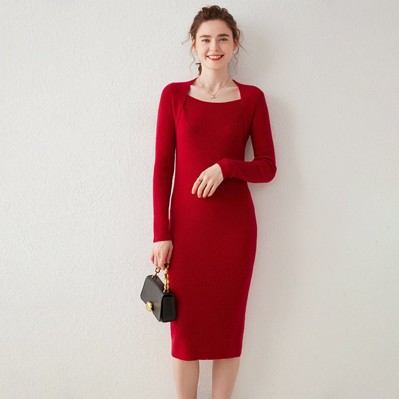 Womens Cashmere Ribbed Knit Midi Dress Long Sleeve Square Neck Dress Claret XS