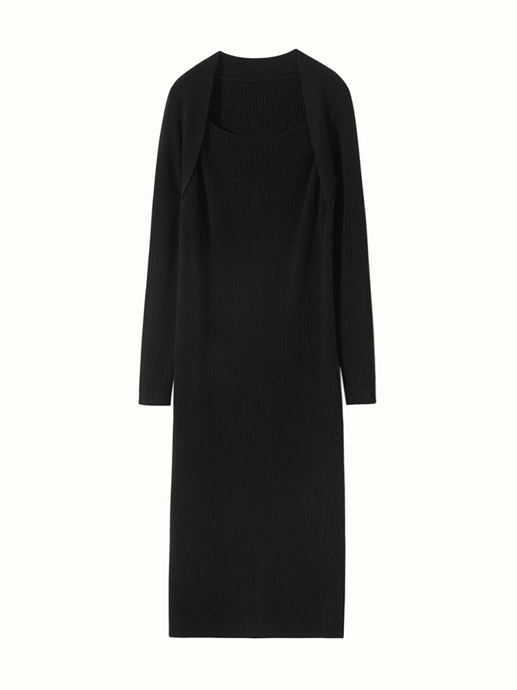 Womens Cashmere Ribbed Knit Midi Dress Long Sleeve Square Neck Dress Black XS