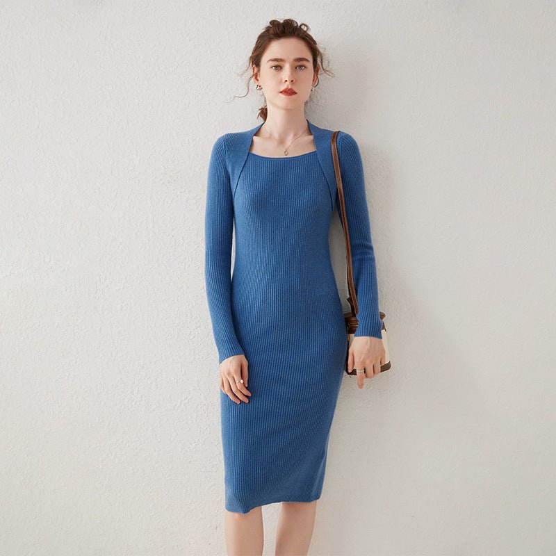Womens Cashmere Ribbed Knit Midi Dress Long Sleeve Square Neck Dress Pink XS