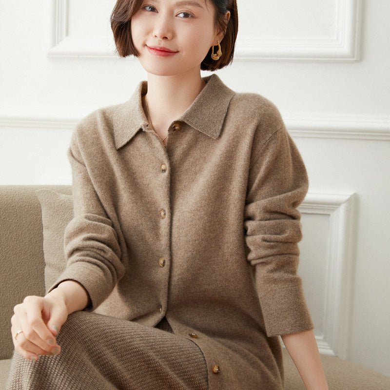 Womens Button - Up Cashmere Cardigan Point Collar Lapel Cashmere Coat Taupe XS