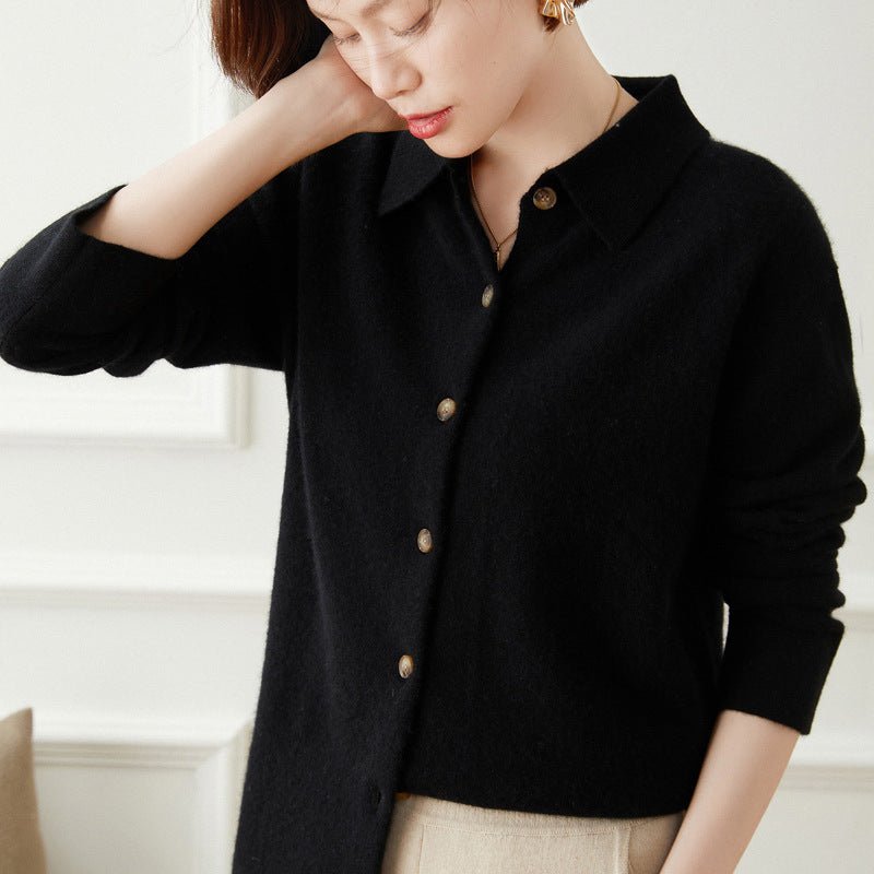 Womens Button - Up Cashmere Cardigan Point Collar Lapel Cashmere Coat Black XS