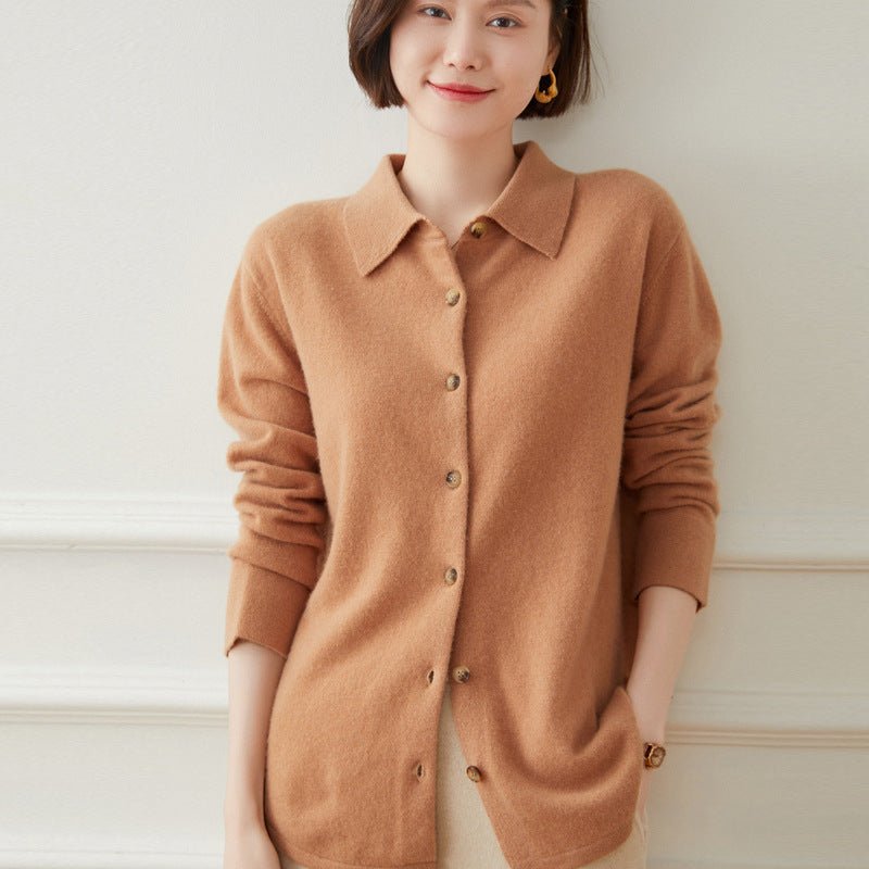 Womens Button - Up Cashmere Cardigan Point Collar Lapel Cashmere Coat Camel XS