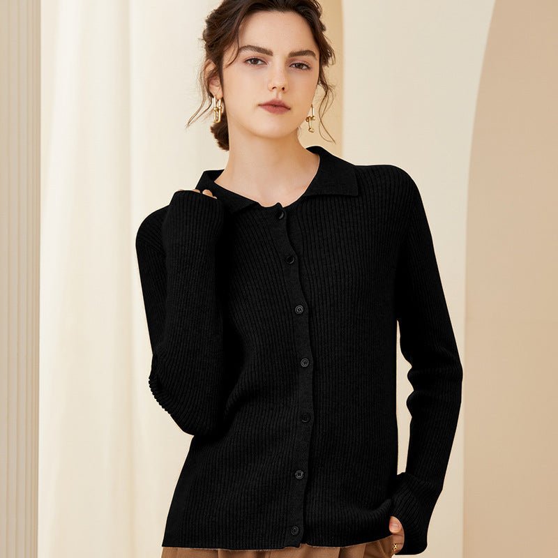Womens Ribbed Knit Cashmere Cardigan Point Collar Lapel Cashmere Coat Black XS