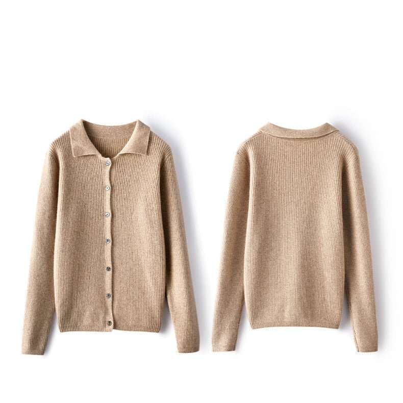 Womens Ribbed Knit Cashmere Cardigan Point Collar Lapel Cashmere Coat Taupe XS