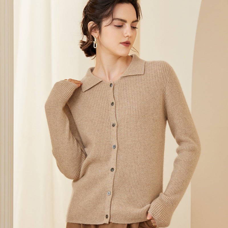 Womens Ribbed Knit Cashmere Cardigan Point Collar Lapel Cashmere Coat Taupe XS