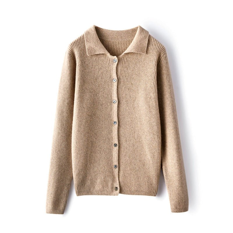 Womens Ribbed Knit Cashmere Cardigan Point Collar Lapel Cashmere Coat Taupe XS