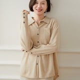 Womens Button - Up Cashmere Shirt Chest Pocket Lapel Neck Cashmere Coat Beige One size fits most