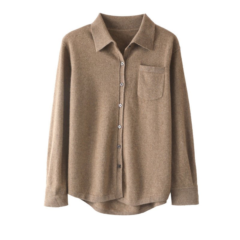 Womens Button - Up Cashmere Shirt Chest Pocket Lapel Neck Cashmere Coat Taupe One size fits most