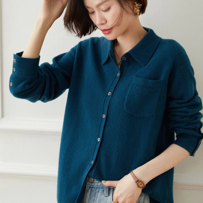 Womens Button - Up Cashmere Shirt Chest Pocket Lapel Neck Cashmere Coat Ocean Blue One size fits most