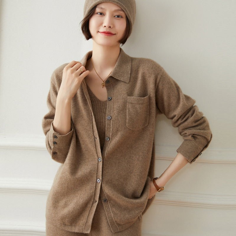 Womens Button - Up Cashmere Shirt Chest Pocket Lapel Neck Cashmere Coat Taupe One size fits most