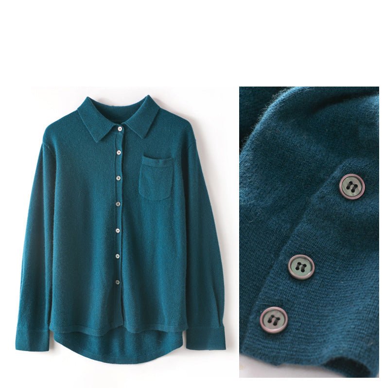 Womens Button - Up Cashmere Shirt Chest Pocket Lapel Neck Cashmere Coat Ocean Blue One size fits most