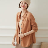 Womens Button - Up Cashmere Shirt Chest Pocket Lapel Neck Cashmere Coat Camel One size fits most