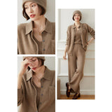 Womens Button - Up Cashmere Shirt Chest Pocket Lapel Neck Cashmere Coat Taupe One size fits most
