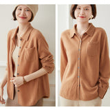 Womens Button - Up Cashmere Shirt Chest Pocket Lapel Neck Cashmere Coat Camel One size fits most