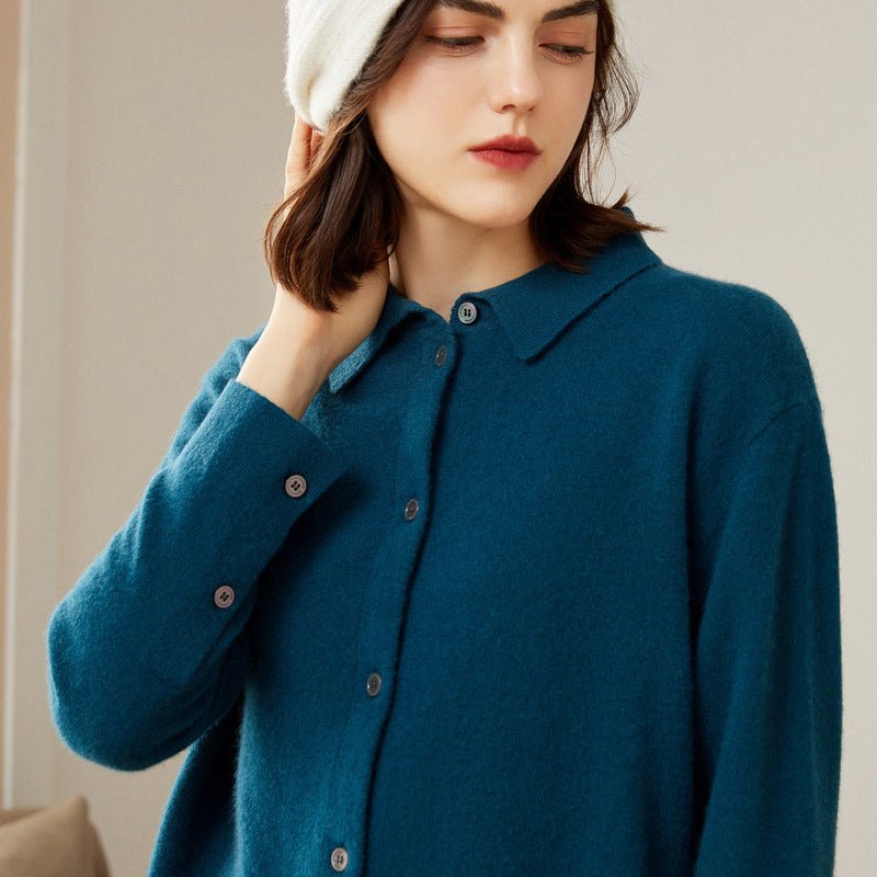 Lady Long Sleeve Button - Up Cashmere Shirt Cardigan Lapel Cashmere Coat Ocean Blue XS
