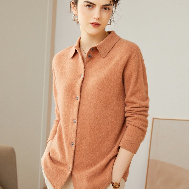 Lady Long Sleeve Button - Up Cashmere Shirt Cardigan Lapel Cashmere Coat Camel XS