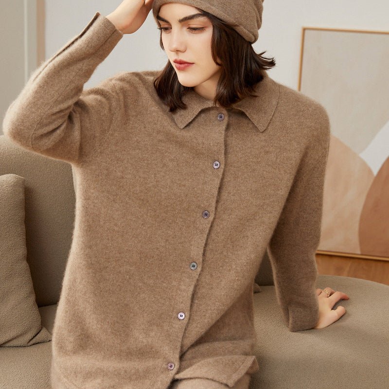Lady Long Sleeve Button - Up Cashmere Shirt Cardigan Lapel Cashmere Coat Taupe XS