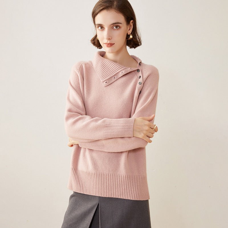 Lady Asymmetrical Buttoned Collar Cashmere Sweater Cashmere Pullover Pink XS