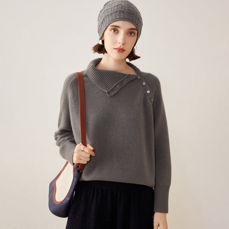 Lady Asymmetrical Buttoned Collar Cashmere Sweater Cashmere Pullover Gray XS