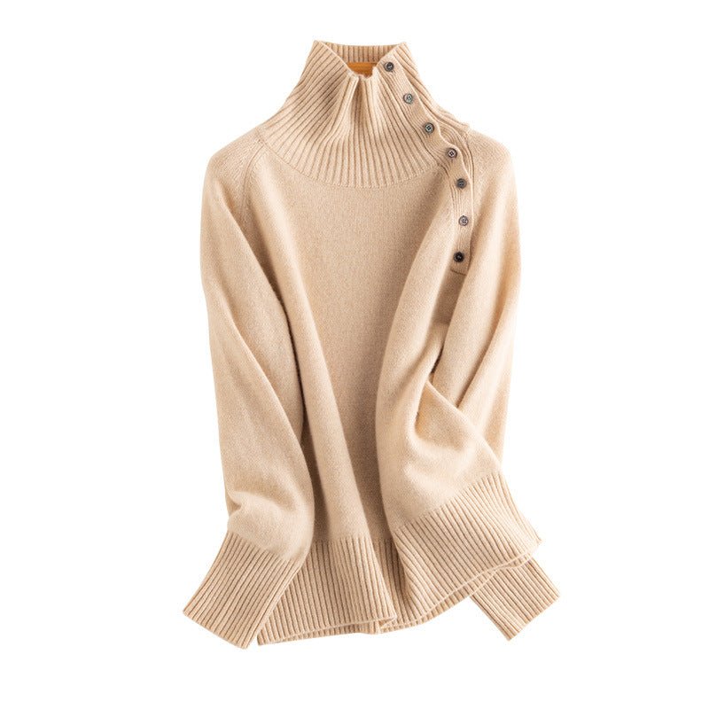 Lady Asymmetrical Buttoned Collar Cashmere Sweater Cashmere Pullover Beige XS
