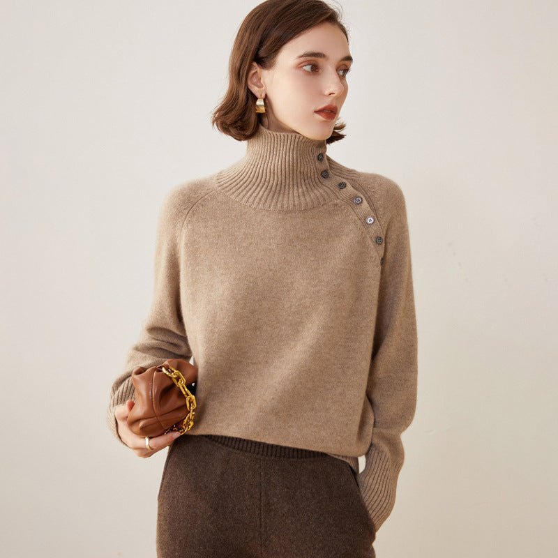 Lady Asymmetrical Buttoned Collar Cashmere Sweater Cashmere Pullover Taupe XS