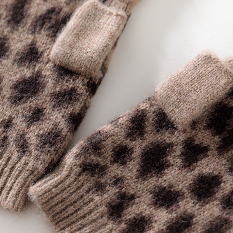 Womens Leopard Print Cashmere Gloves Knitted Half - finger Gloves Taupe M